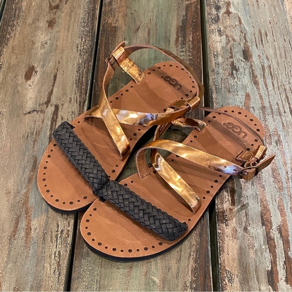 UGG NWOT Jordyne Sandals Flats Size 5 Metallic Copper Leather Braided Black - Picture 5 of 13
